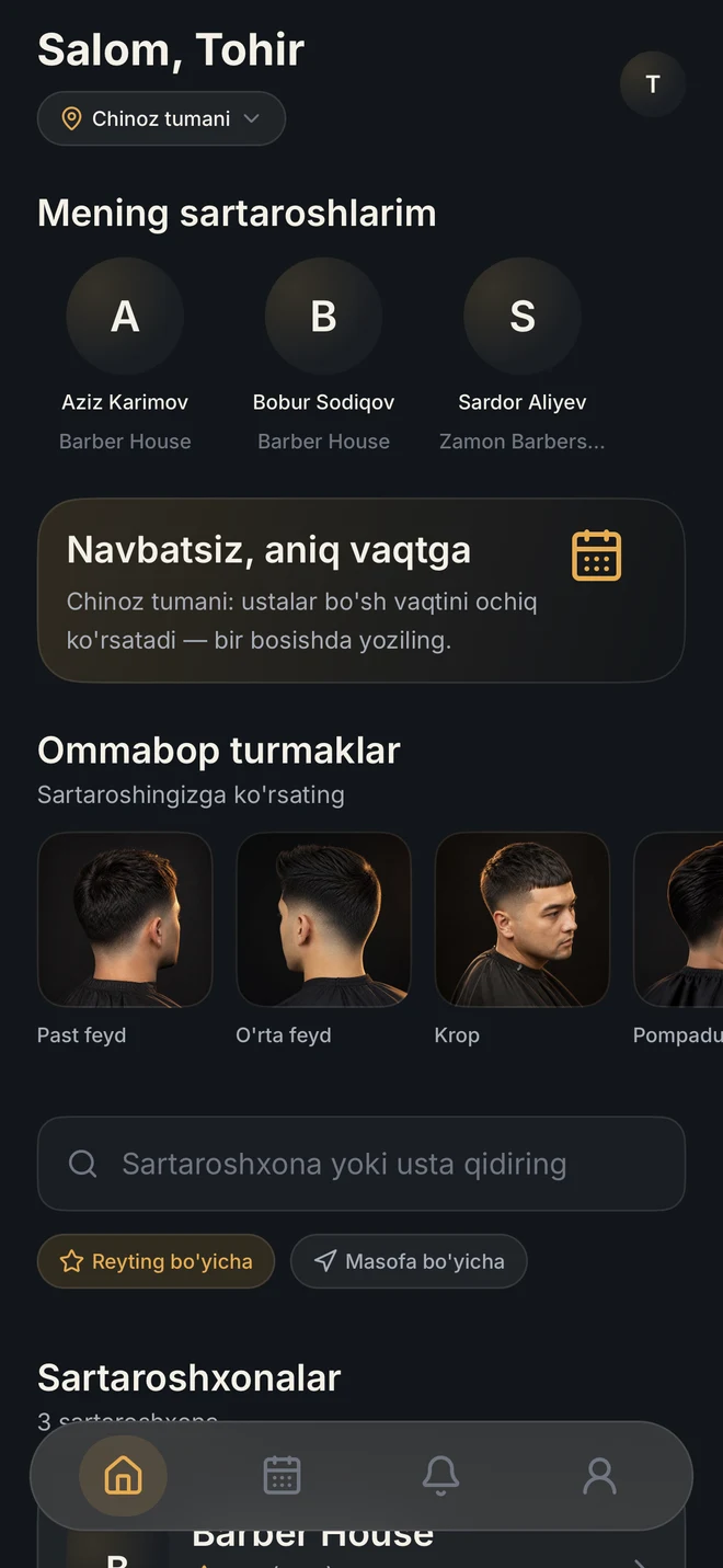 Barberjon bosh sahifasida sartaroshxona va ustalarni tanlash namunasi